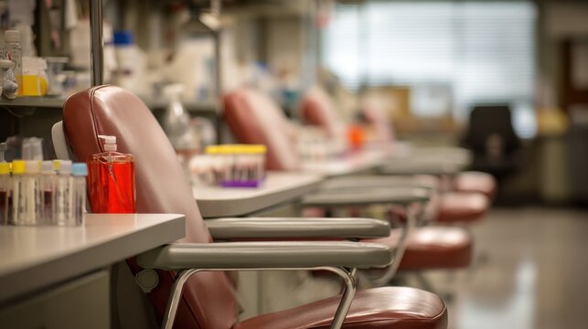 Medium shot of blood draw chairs lined up in a clean phlebotomy lab with vials and supplies softly blurred in the background highlighting equipment setup.
