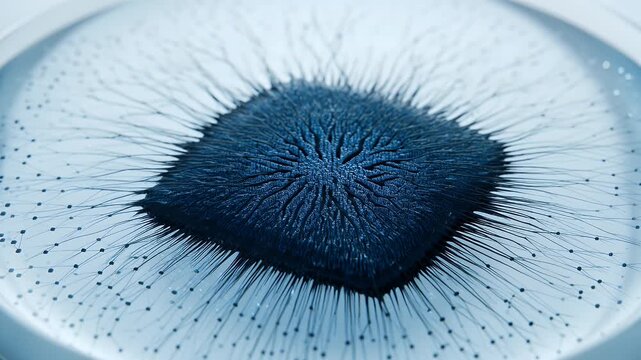 Magnetic, iron filings, blue background, science experiment, physics demonstration