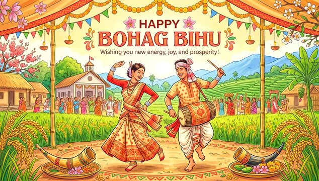 Bohag Bihu Festivities:  A vibrant illustration depicts the lively Bohag Bihu celebration, showcasing traditional dance and the spirit of a community, wishing joy, prosperity, and a fresh start.