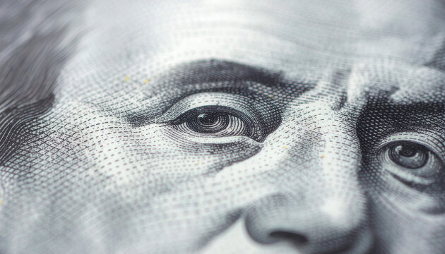 Extreme Close Up of Benjamin Franklin Face on US Dollar Banknote, Currency Texture and Security Detail