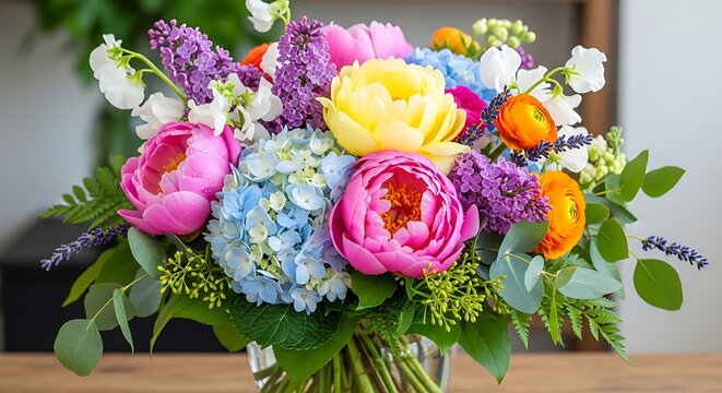Vibrant flower arrangement with tulips hydrangeas and wildflowers in a clear vase on a wooden table with greenery