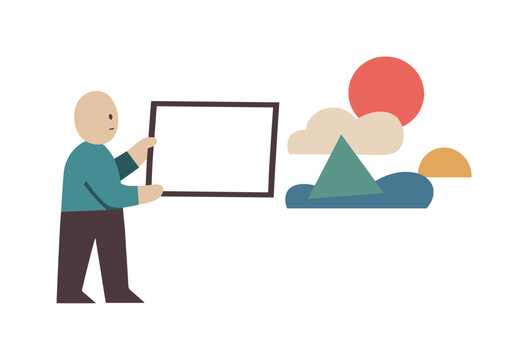 Human holding an empty frame toward the shapes, reframing evolving ideas without fixing them in place. Stylized editorial