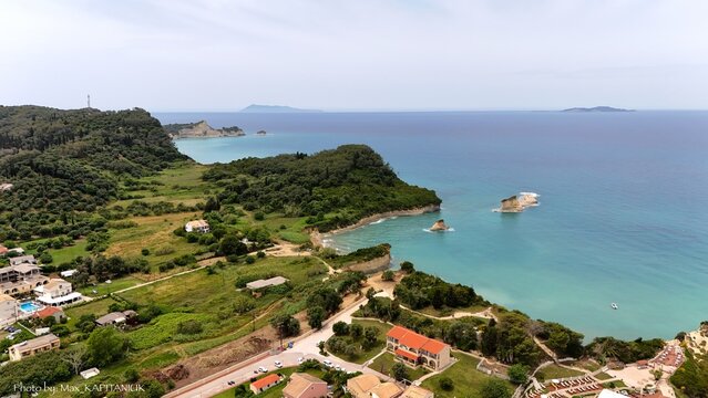 Famous Canal d'Amour sandstone rock formations and turquoise sea in Sidari, Corfu.