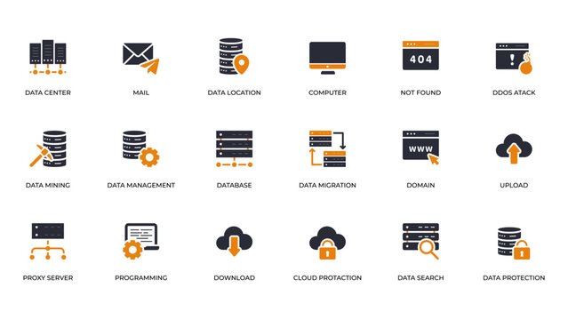 Data center icon set showing server racks, databases, cloud sync, network nodes, security shields and backup drives, flat minimal style with highcontrast palette, scalable symbols representing