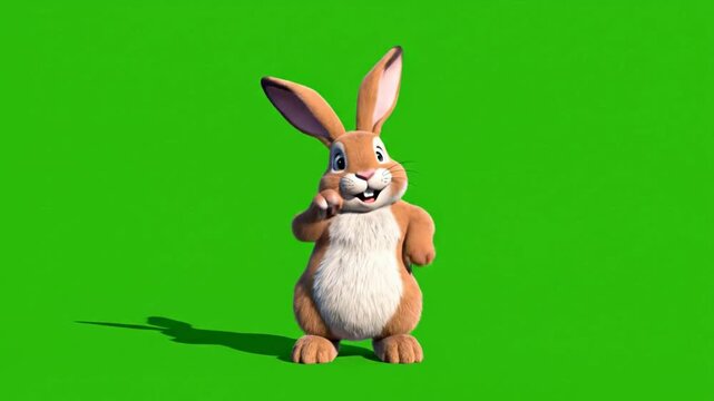 3 d animated brown bunny rabbit character running in a joyful motion isolated on a vibrant green screen background easter