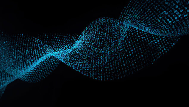 Blue binary data wave flowing over black background with digital motion and abstract depth