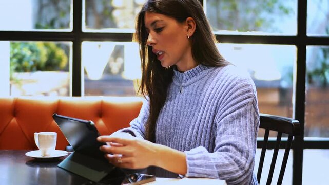A woman using a smartphone to make a call while working with a tablet and stylus in a cafe, focusing on remote business communications, digital nomad lifestyle and professional mobile networking

