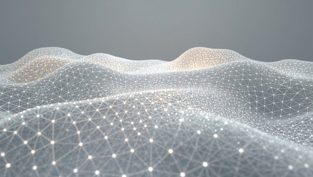 Digital terrain mesh network with glowing nodes and wireframe waves emitting soft light