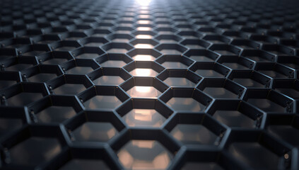 Obraz premium Futuristic hexagonal metal grid with reflective surface and warm light reflection