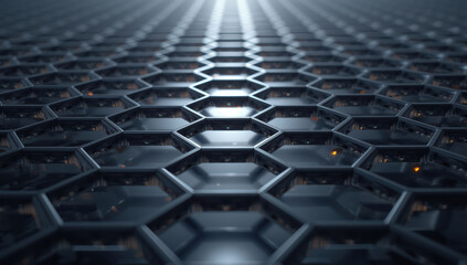 Naklejka premium Futuristic hexagonal grid pattern with metallic cells and subtle glowing circuitry