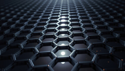 Naklejka premium Shiny black hexagonal grid pattern with reflective surface and soft highlights
