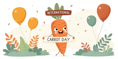 Fototapeta premium International carrot day banner with cartoon vegetables and leaves healthy food concept