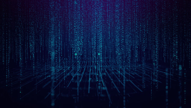 Digital matrix rain with glowing data streams and grid floor, futuristic abstract tech mood