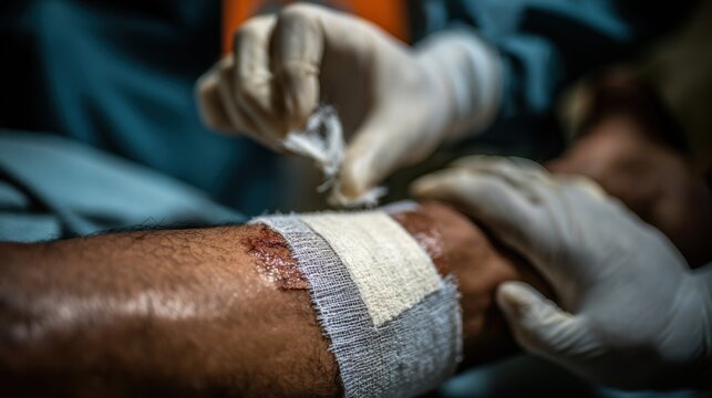 Medium shot of nurse removing old dressing from a pressure ulcer the wound and patients skin in focus emphasizing careful wound management with blurred background.