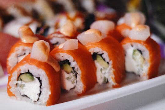 Close-up of Colorful Sushi Rolls