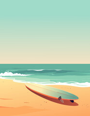  Tabla de surf sobre arena con olas del mar y cielo limpio. 