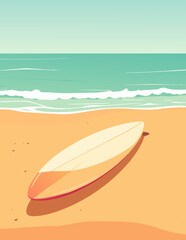  Tabla de surf en la arena cerca del mar en escena veraniega tranquila. 