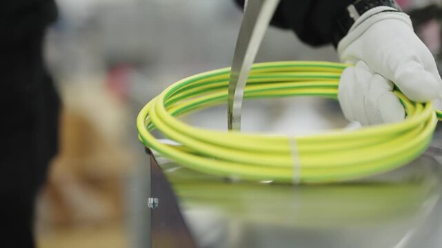 Technician packaging electrical cable in technology manufacturing facility, slow motion