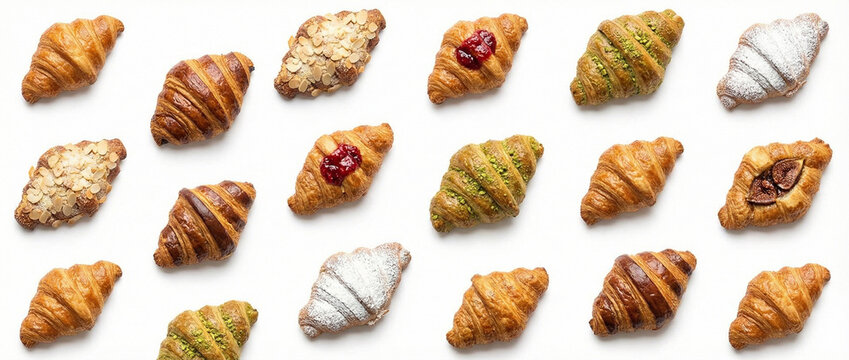 Banner flat lay com uma grande variedade de pequenos croissants doces e tradicionais, isolados em fundo branco. Padr&atilde;o de padaria e confeitaria