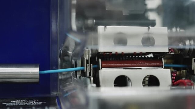 Electric cable wire process of automatic robot label marking in an advanced industrial production machine