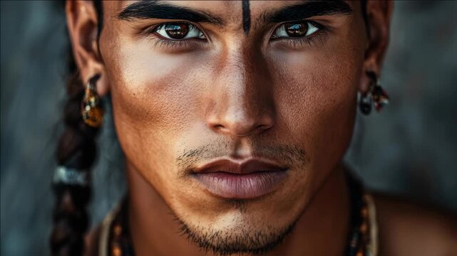 Close-up portrait of a Native American man with tribal accessories.
