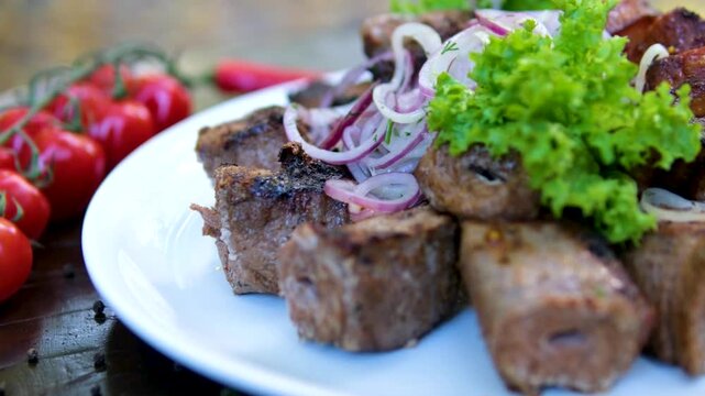 Grilled Chicken Skewers with Vegetables on White Table. High quality 4k footage