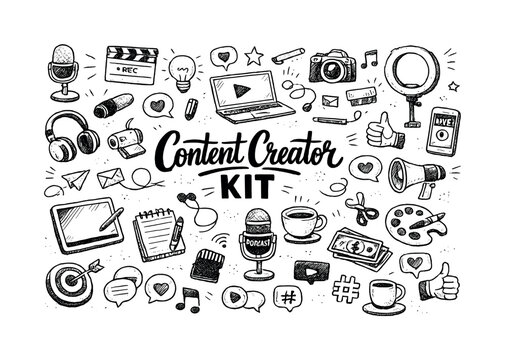 Content creator kit illustration, hand drawn doodle elements set, center hand-lettered title, black & white vector line art, bold