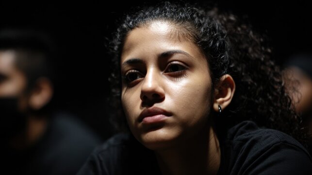 Medium shot of a focused acting student deeply rehearsing a method acting scene on a dimly lit blackbox stage with blurred classmates in the background.