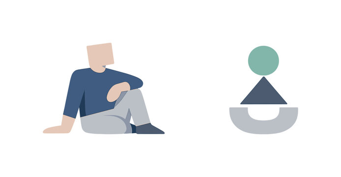 Person resting in an open white field with one resolved abstract symbol nearby, presenting deliberate reasoning as calm clarity.