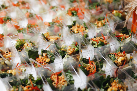 Colorful Vegetable Salads in Plastic Cups