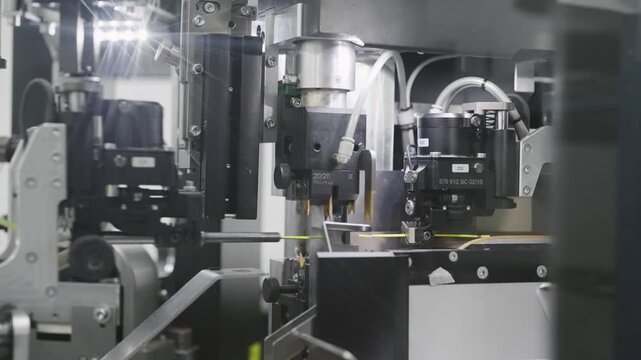 Close-up of robotic automatic crimp modern machinery in a cable production plant