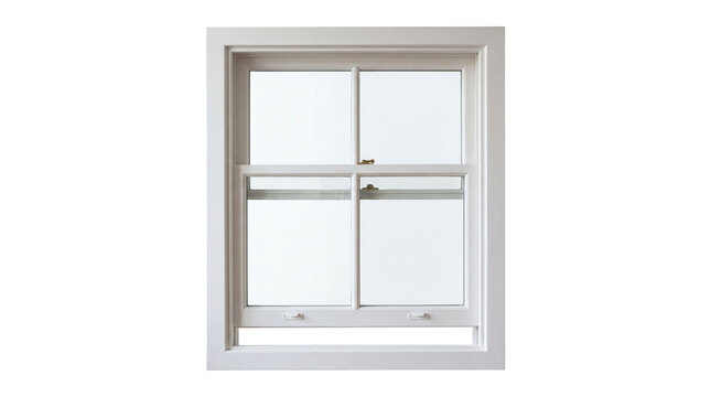 White wooden double hung window with clear glass panes, isolated on transparent background