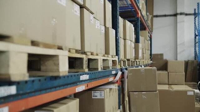 Storage area featuring neatly stacked cardboard boxes on pallets, ready for logistics
