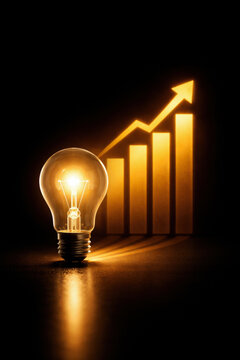 Illuminated light bulb beside an upward bar chart and arrow, symbolizing innovation, financial growth, success, and bright business ideas in a dark setting.