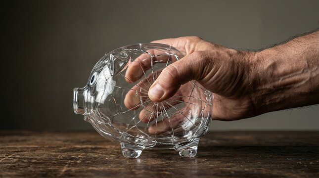 Human Hand Squeezing Cracked Empty Transparent Piggy Bank
