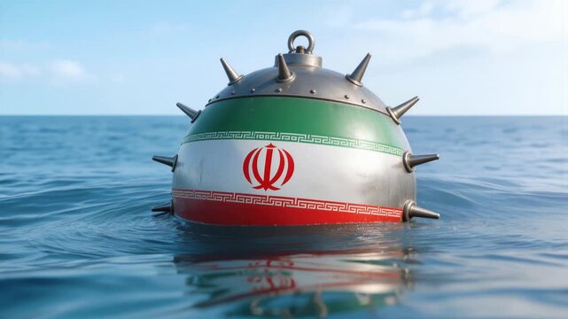 Iranian naval contact mine floating in open sea. Conceptual representation of maritime security and naval warfare. Static wide shot.