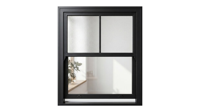 Modern black double hung window with reflective glass panes, isolated on transparent background