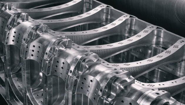 Medium shot capturing aerospace interior structural stiffeners featuring tightly controlled extrusions emphasizing durability and advanced manufacturing techniques.