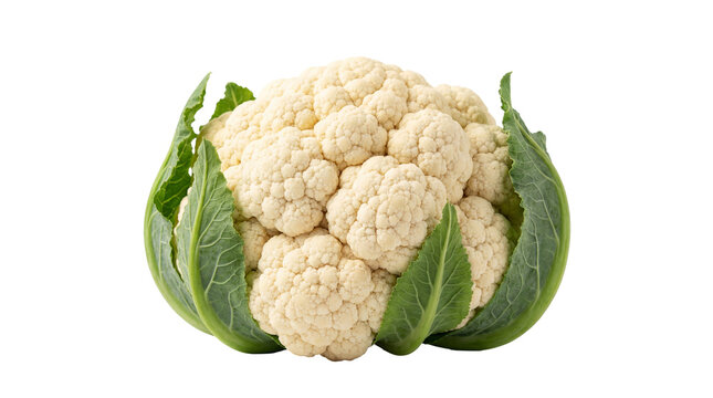 Fresh white cauliflower with green leaves, isolated on transparent background