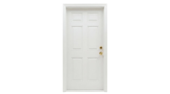 Six-panel white exterior door with gold knob, isolated on transparent background