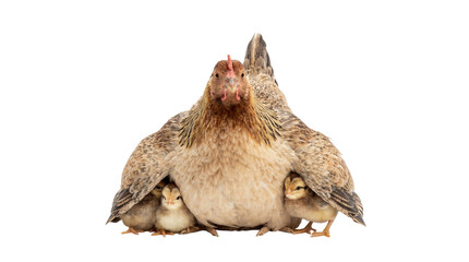Obraz premium Mother hen protecting her chicks under her wings, isolated on transparent background