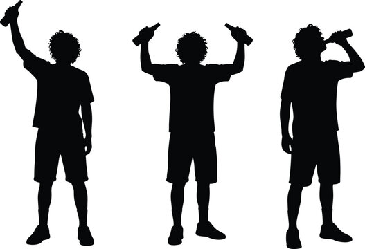 Young man black silhouettes set featuring curly haired guy drinking beer and holding glass bottles up in celebration isolated on white background for party