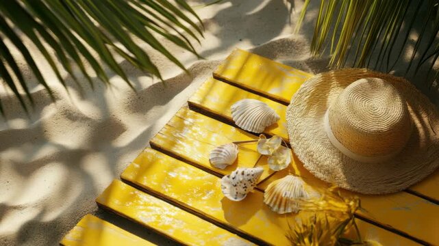 Seaside relaxation with shells and a hat on a sunny beach day.