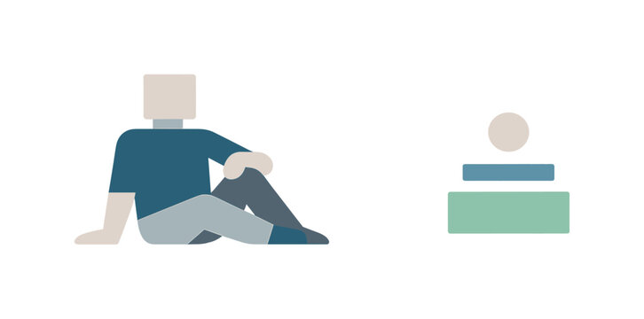 Individual resting in an open white field with one aligned abstract symbol nearby, presenting inner priorities as calm and