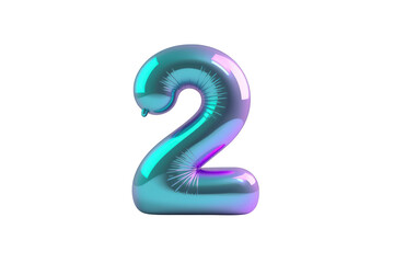 Fototapeta premium Metallic foil balloon forming the digit two, showing a holographic blue, teal, and purple gradient reflection. Transparent background