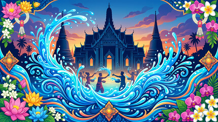 Obraz premium Songkran poster with floral frame, temple and water splash composition, elegant and festive design for greeting cards.