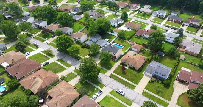 Aerial view of large private homes in Cleveland, Ohio residential area. New family houses as example of real estate development in USA suburbs.