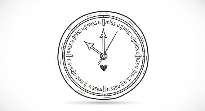 Doodle Illustration of a Clock with 'Miss U' Text Instead of Numbers Representing Longing and Waiting in a Relationship