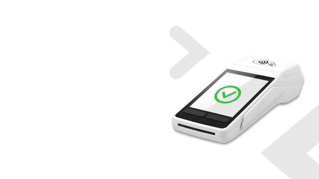 White Wireless POS Terminal Animation with Green Check Mark on Screen, Successful Payment Process Concept, Contactless Transaction on White Background, Modern Financial Technology 4K Footage