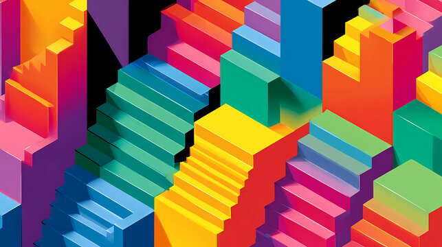 Abstract 3D isometric staircase pattern featuring vibrant colors and sharp geometric shadows, Generative AI illustrations.